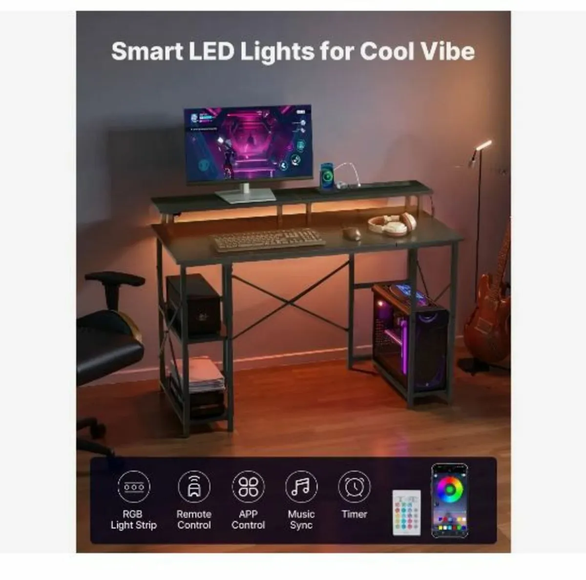120 cm Computer Desk with Smart LED Lights - Image 2