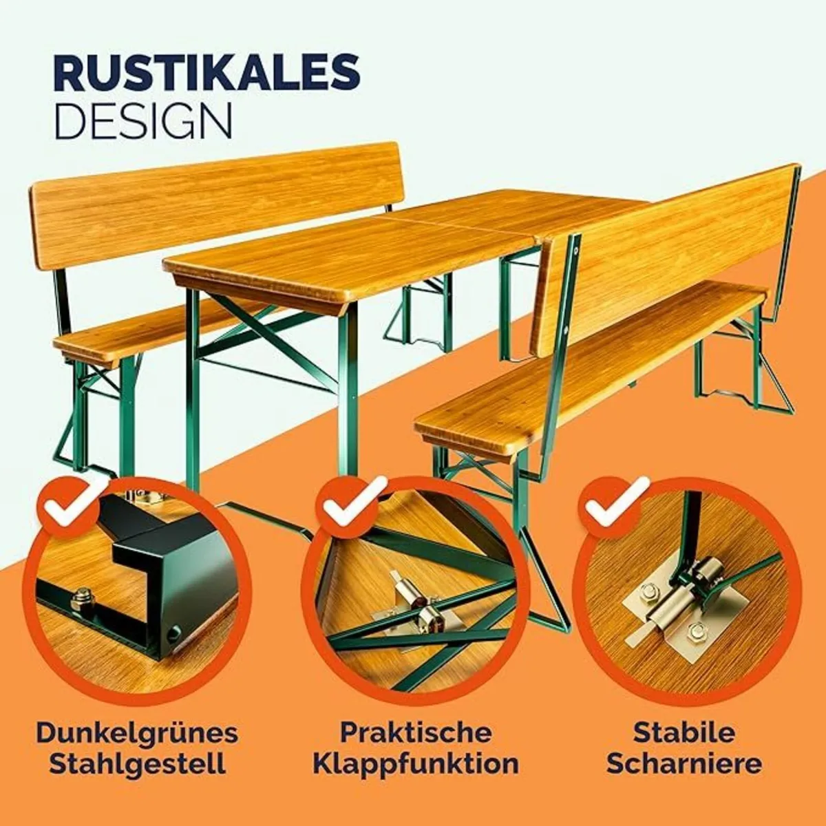 Picnic Table with Backrests & two benches - Image 4