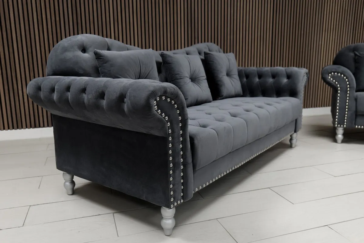 Elegance 3+2 Grey Plush Fabric Sofa - Image 2