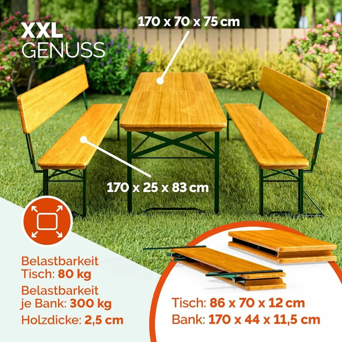 Picnic Table with Backrests & two benches - Image 2