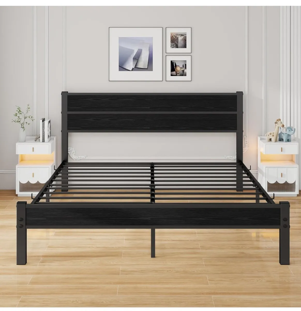 King Size Bed Frame with Wooden Headboard Bed Fram - Image 3