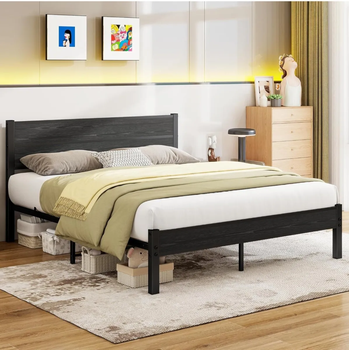 King Size Bed Frame with Wooden Headboard Bed Fram - Image 1