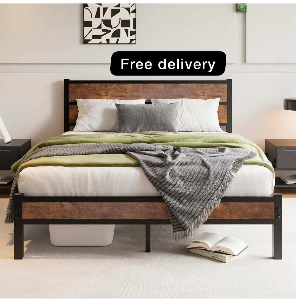 King Size Bed Frame with Wooden Headboard Bed Fram - Image 1