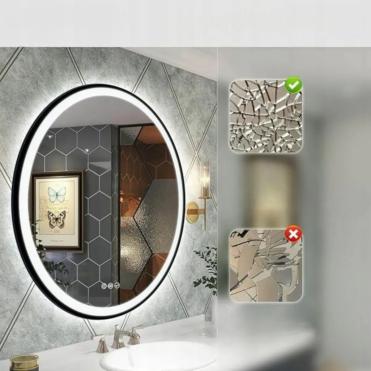 LED Bathroom Mirror Black Frame Bluetooth Antifog - Image 3