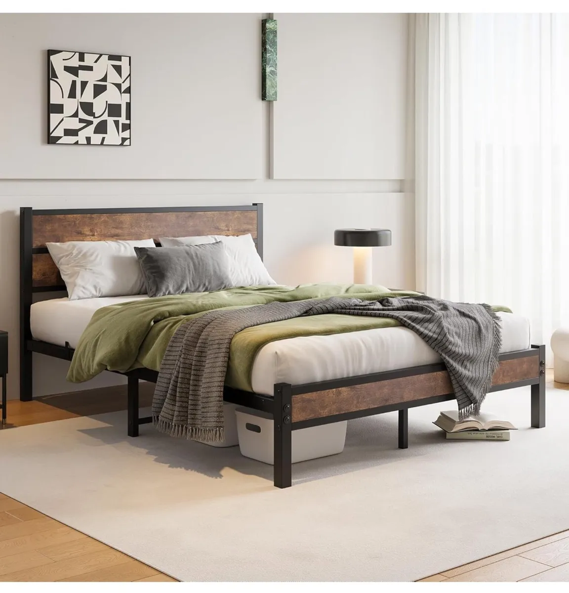 King Size Bed Frame with Wooden Headboard Bed Fram - Image 1