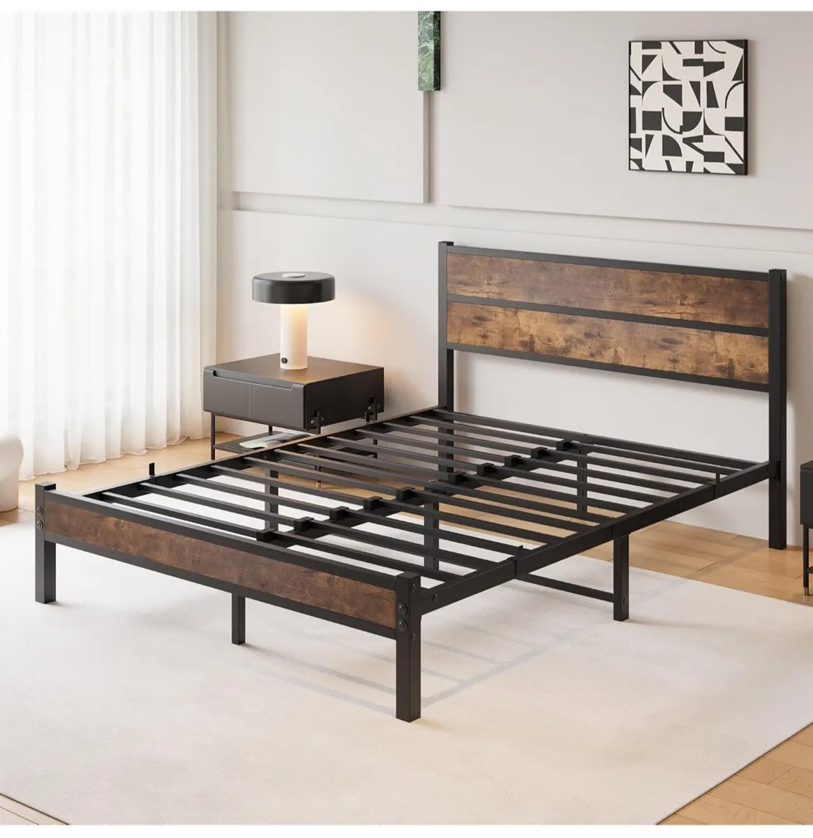 King Size Bed Frame with Wooden Headboard Bed Fram - Image 3