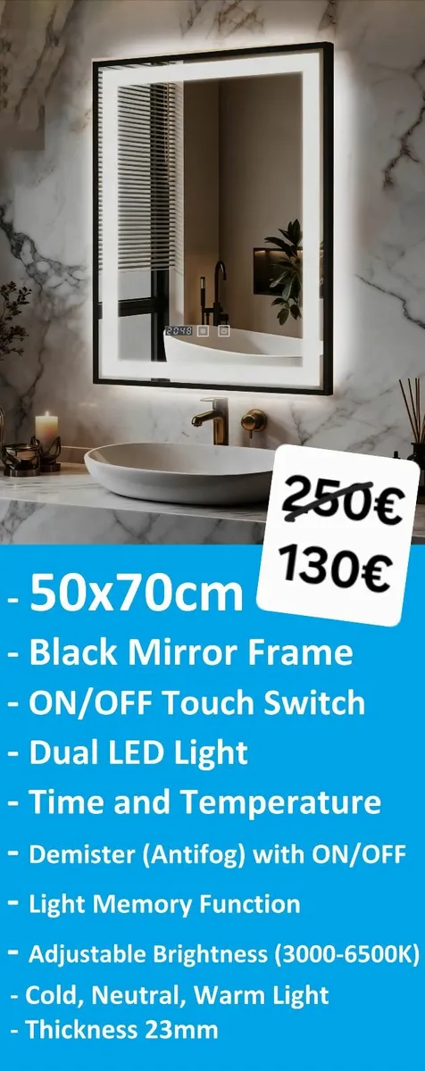 LED Bathroom Mirror Black Frame 50x70cm Antifog - Image 1
