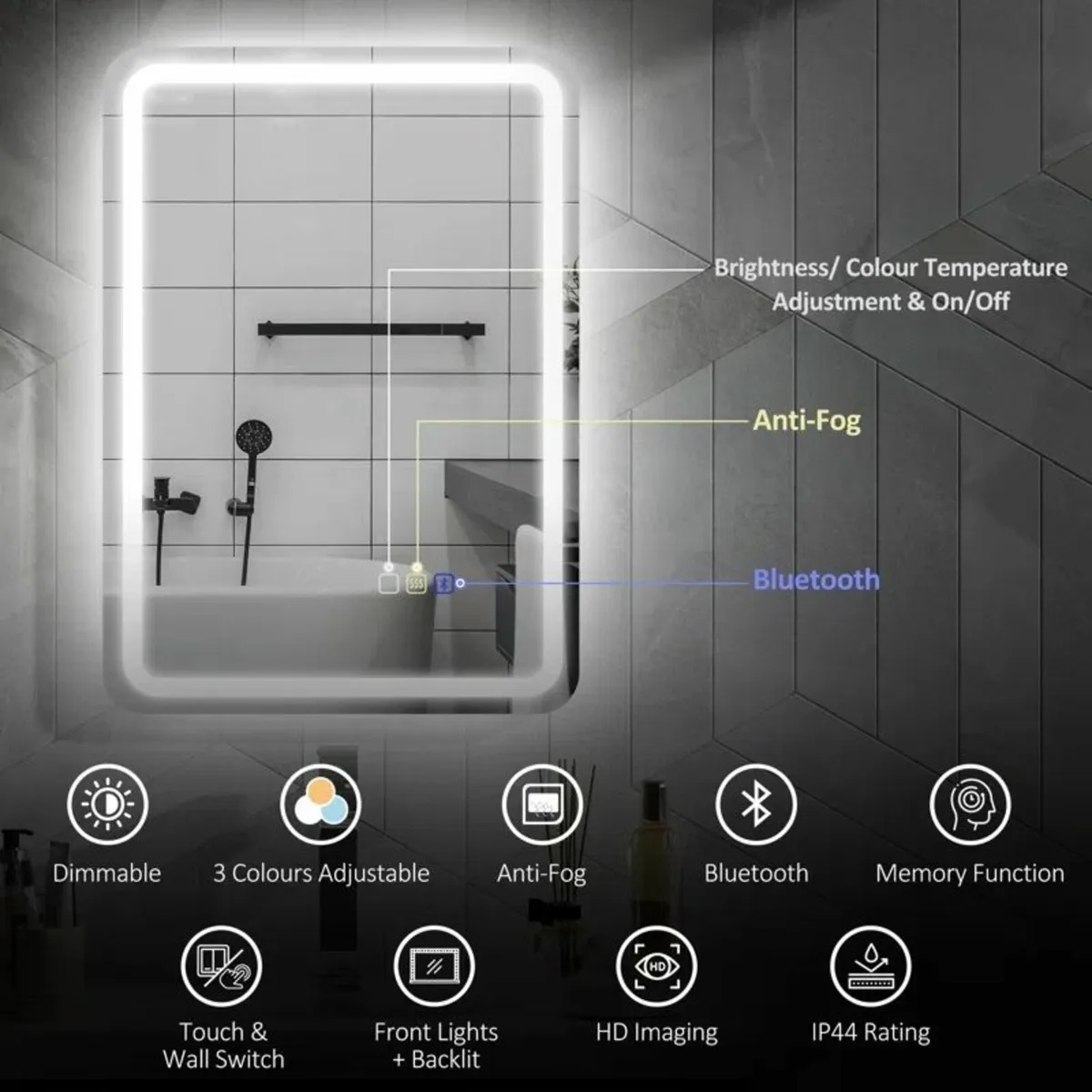 LED Bathroom Mirror 50x70cm Bluetooth Speakers - Image 2