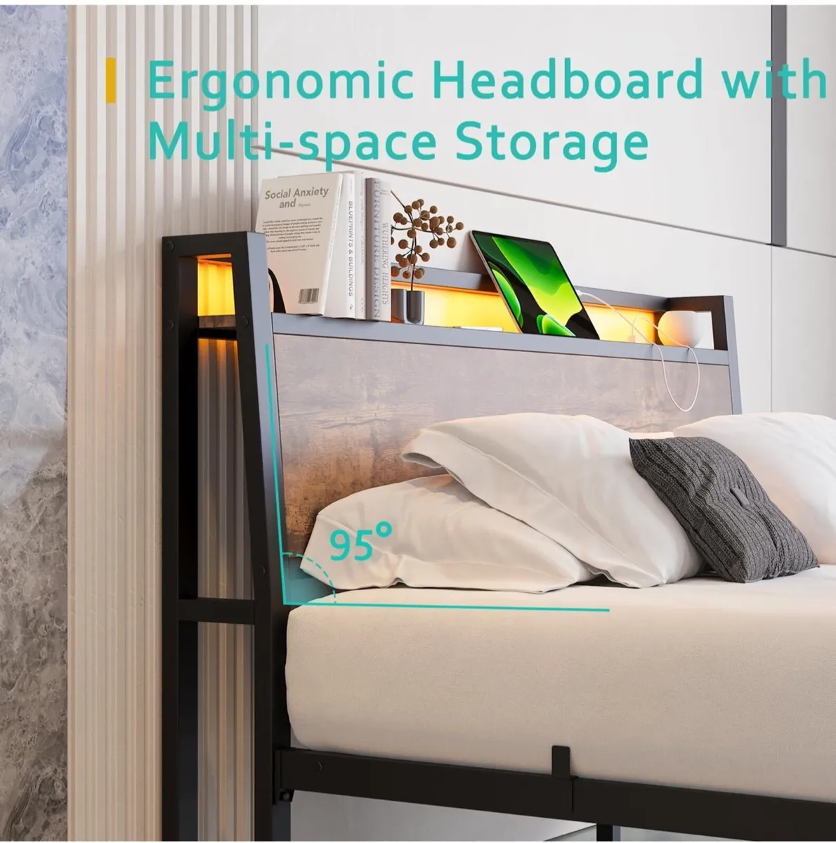 King Size Bed Frame with Charging Station and LED - Image 4