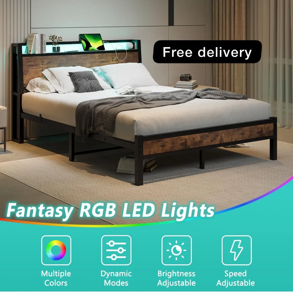 King Size Bed Frame with Charging Station and LED - Image 1