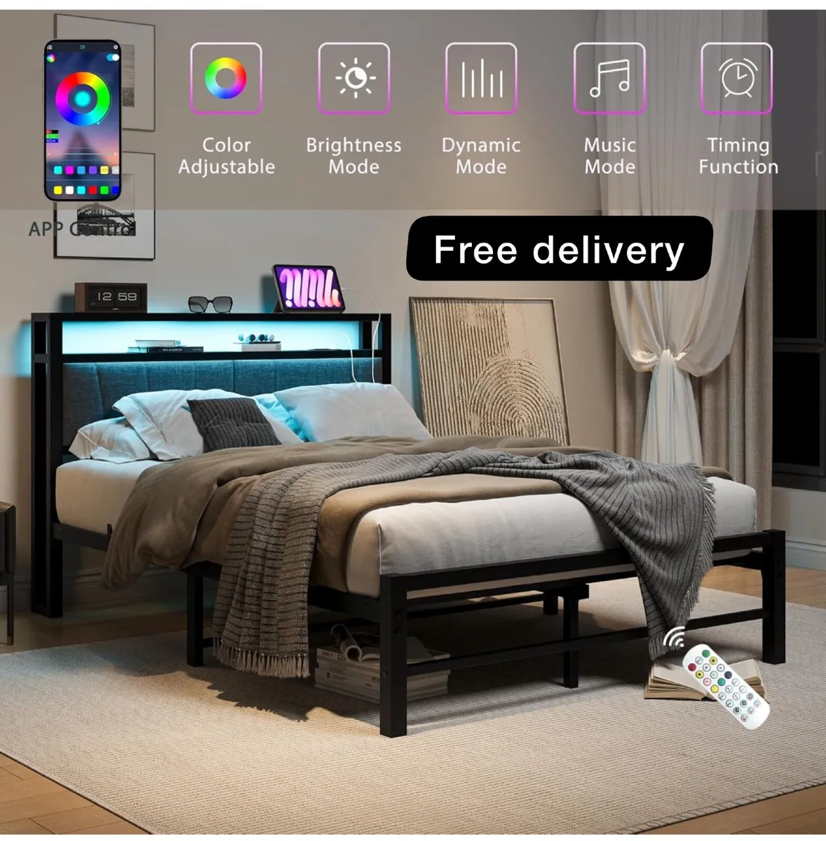 King Size Bed Base with Charging Station and Led l - Image 1