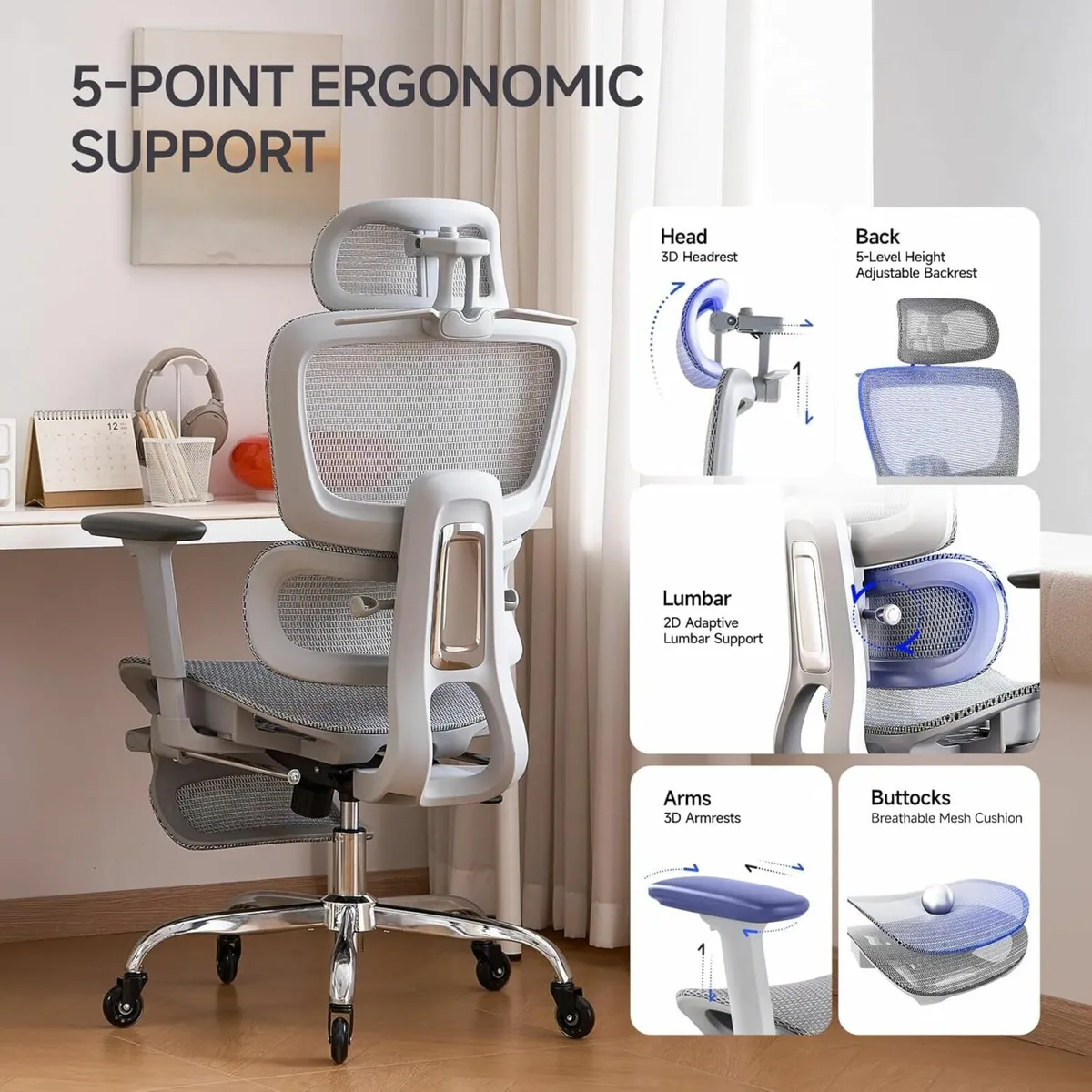 Ergonomic Office Chair Footrest Gaming Study Grey - Image 3