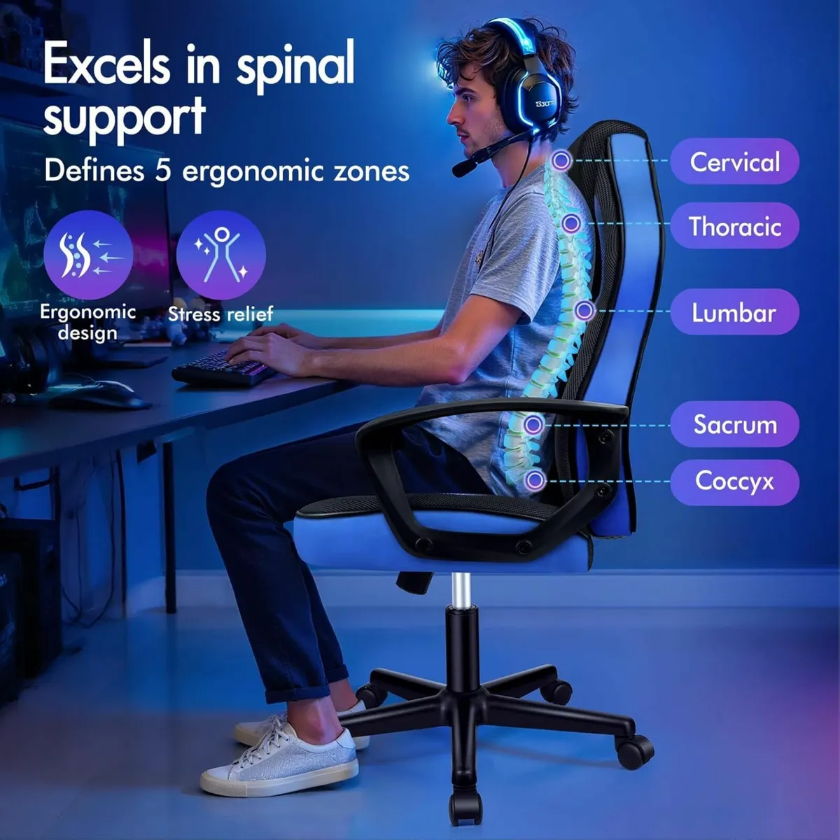 Gaming Chair Ergonomic Computer Desk Office Blue - Image 4
