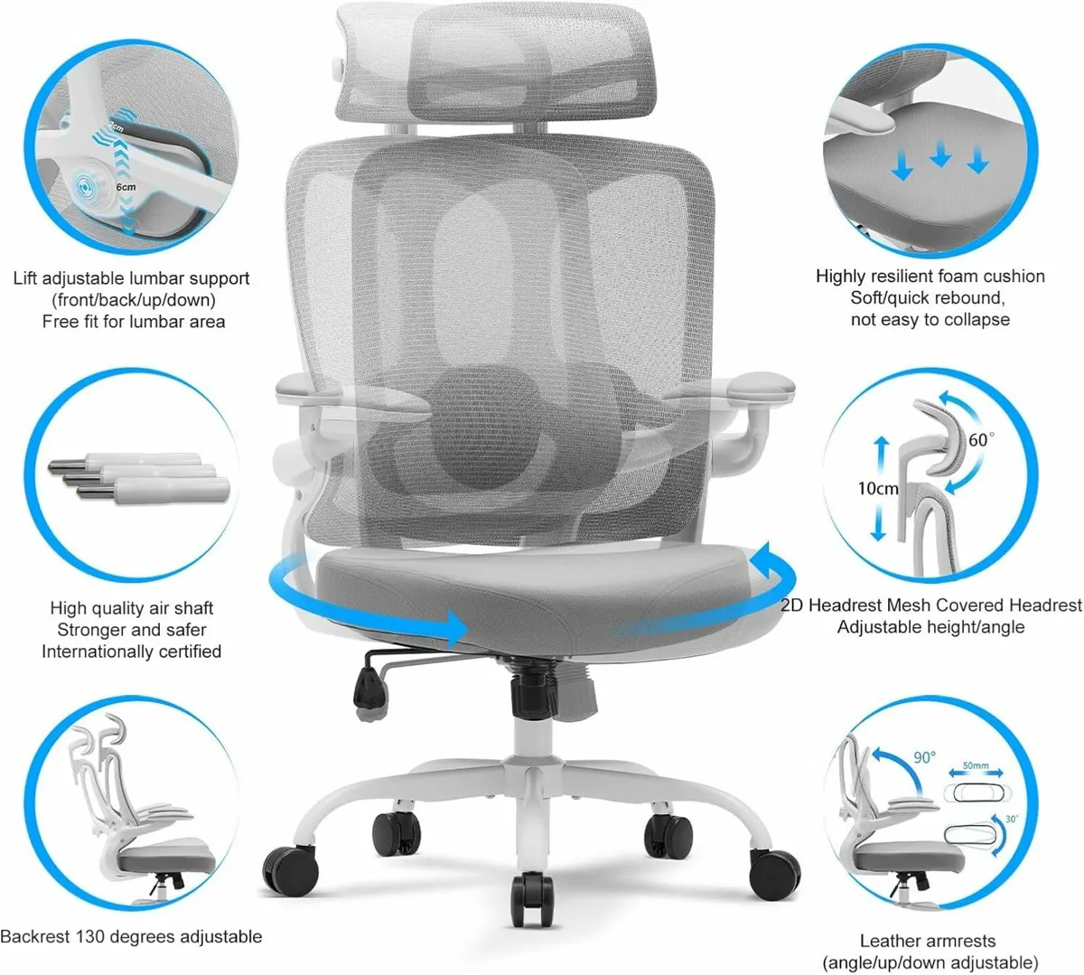 Ergonomic Office Chair Adjustable Headrest Desk - Image 2
