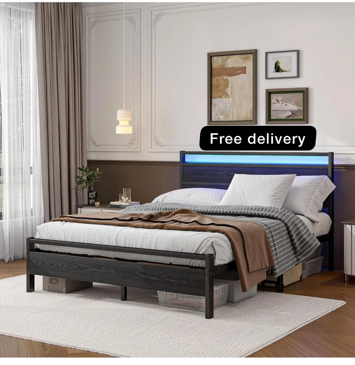 King Size Bed Frame with Headboard & LED Lights - Image 1