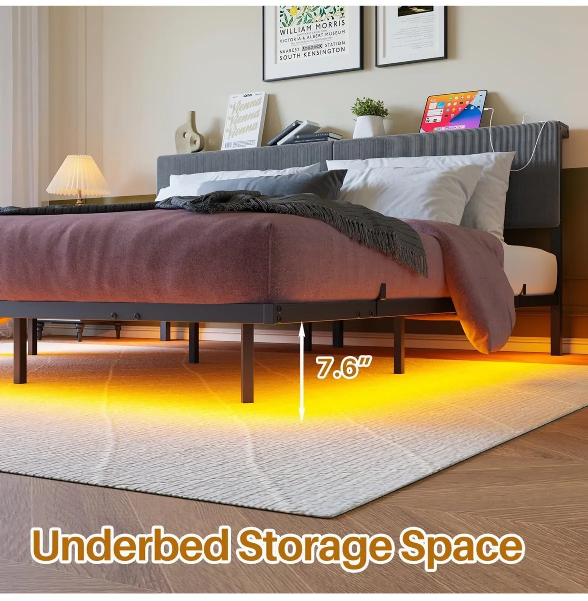 5ft King Bed Frame with USB Charging Station and L - Image 3