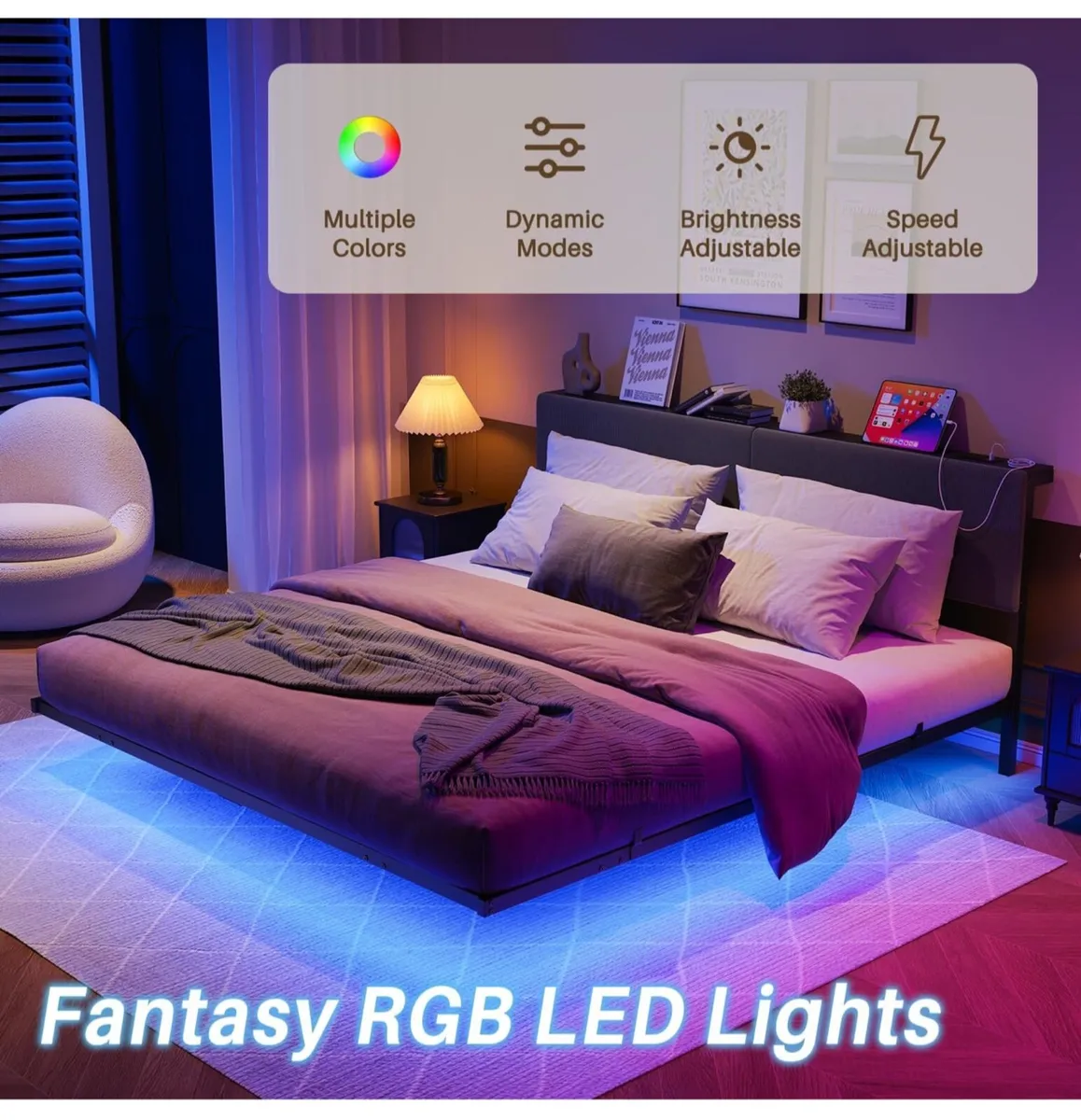 5ft King Bed Frame with USB Charging Station and L - Image 1