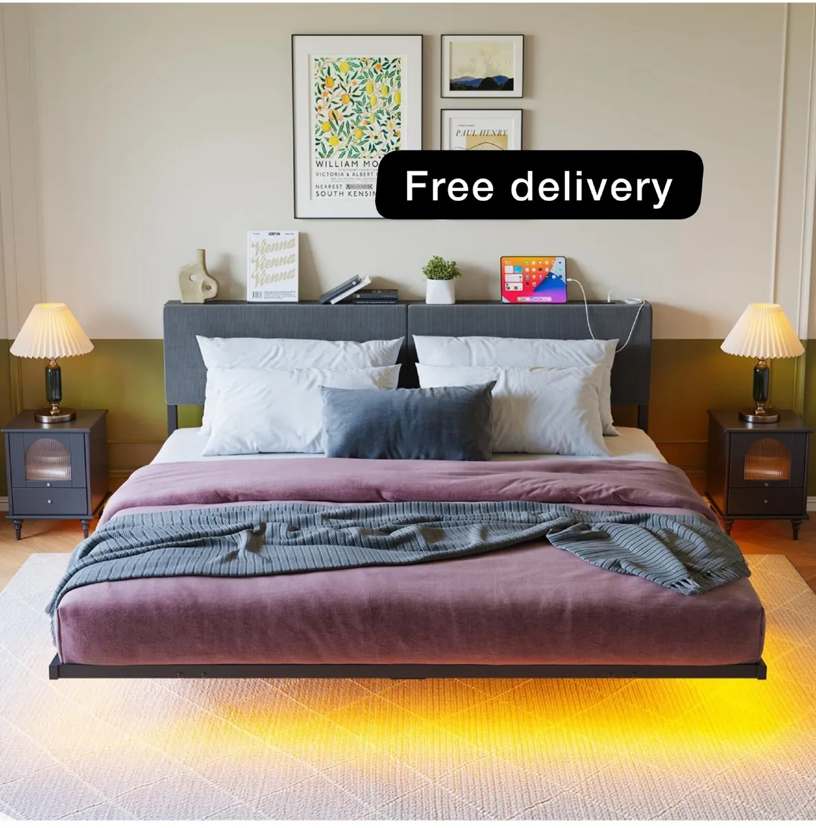 5ft King Bed Frame with USB Charging Station and L - Image 1
