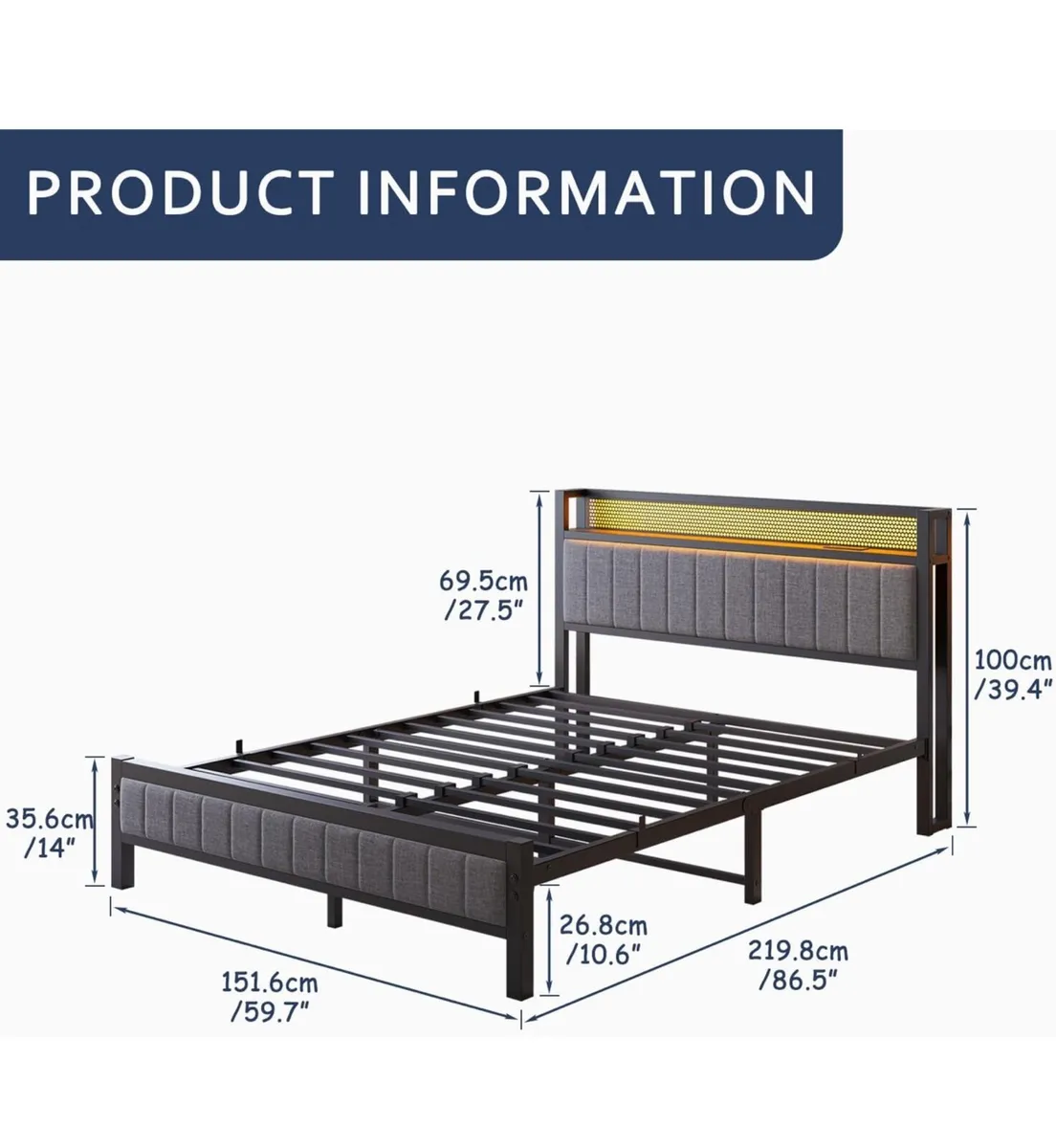 5ft Upholstered Bed Frame Kingsize with Charging S - Image 4