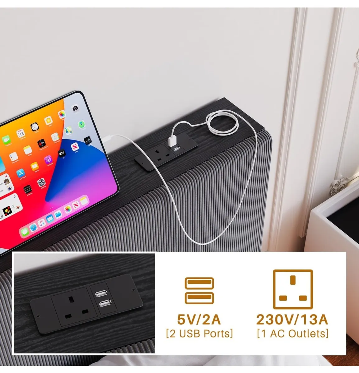 5ft King Bed Frame with USB Charging Station and L - Image 3