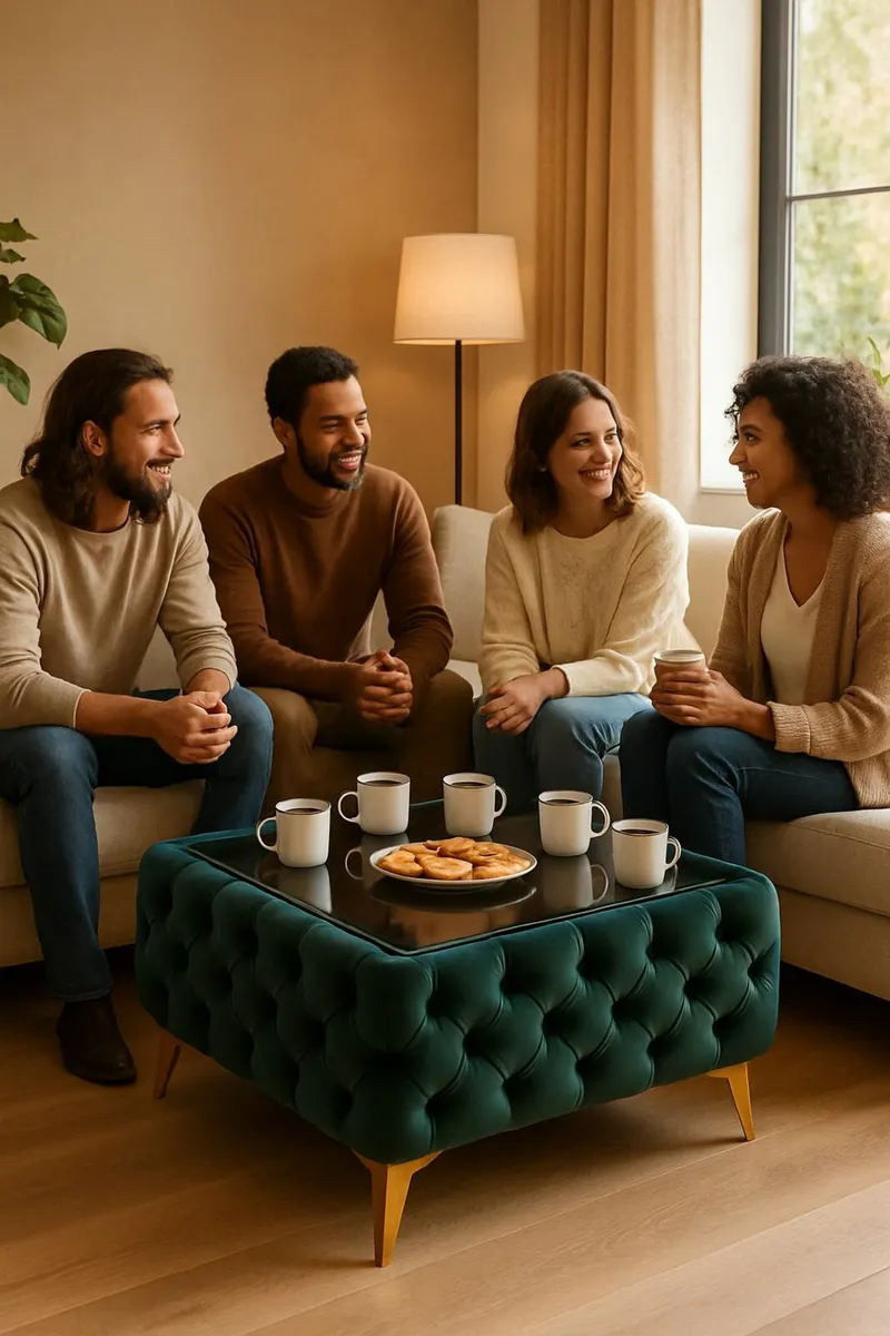 Velvet coffee table with glass - Image 2