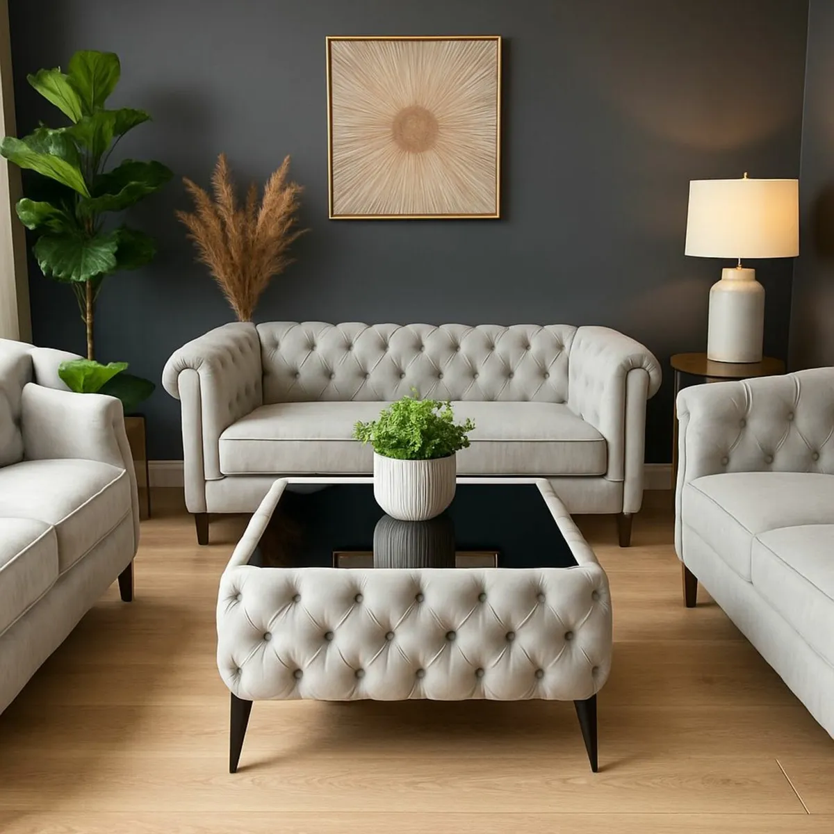 Velvet coffee table with glass - Image 4