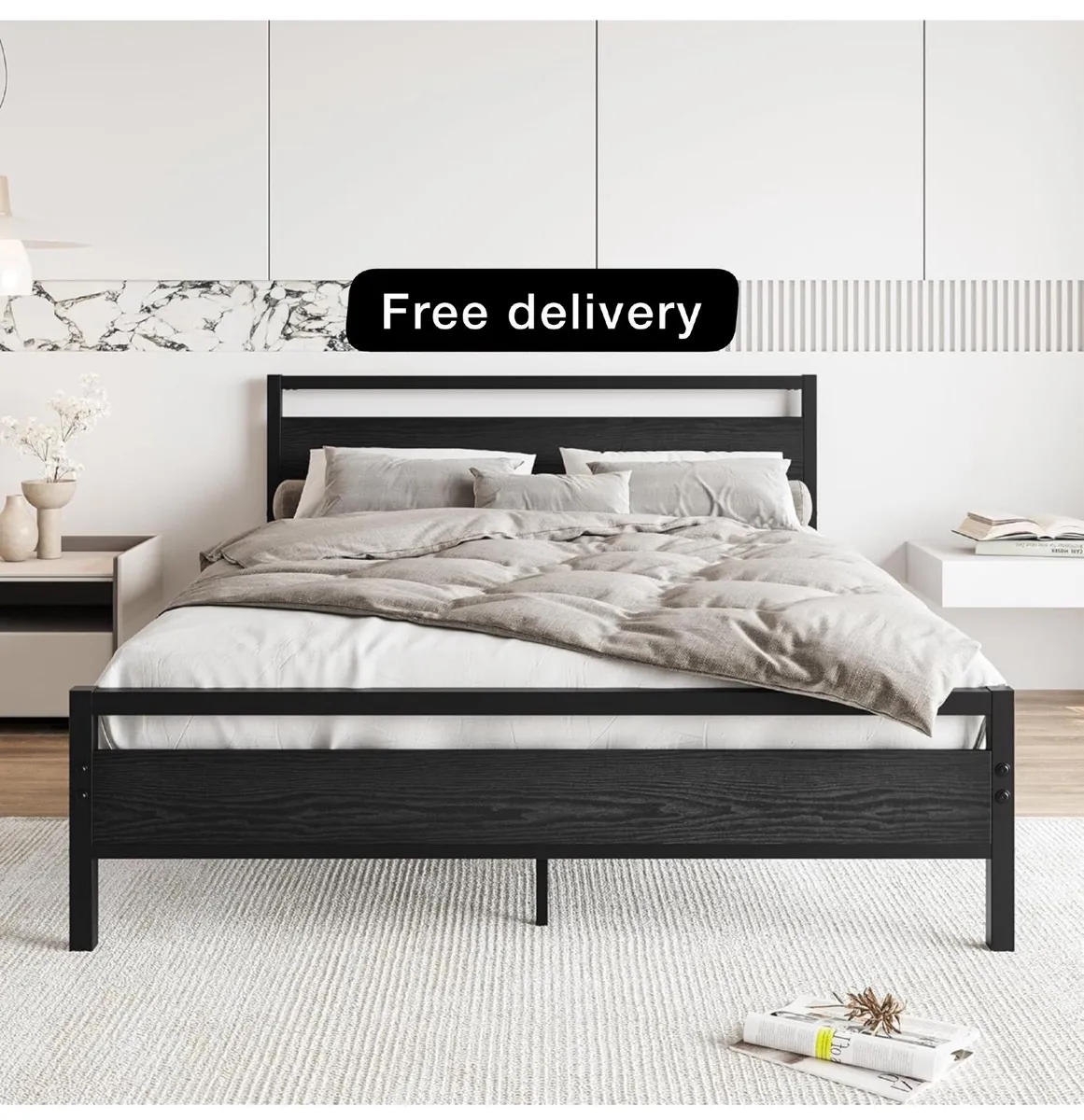 King Size Bed Frame with Wood Headboard,Heavy Duty - Image 1