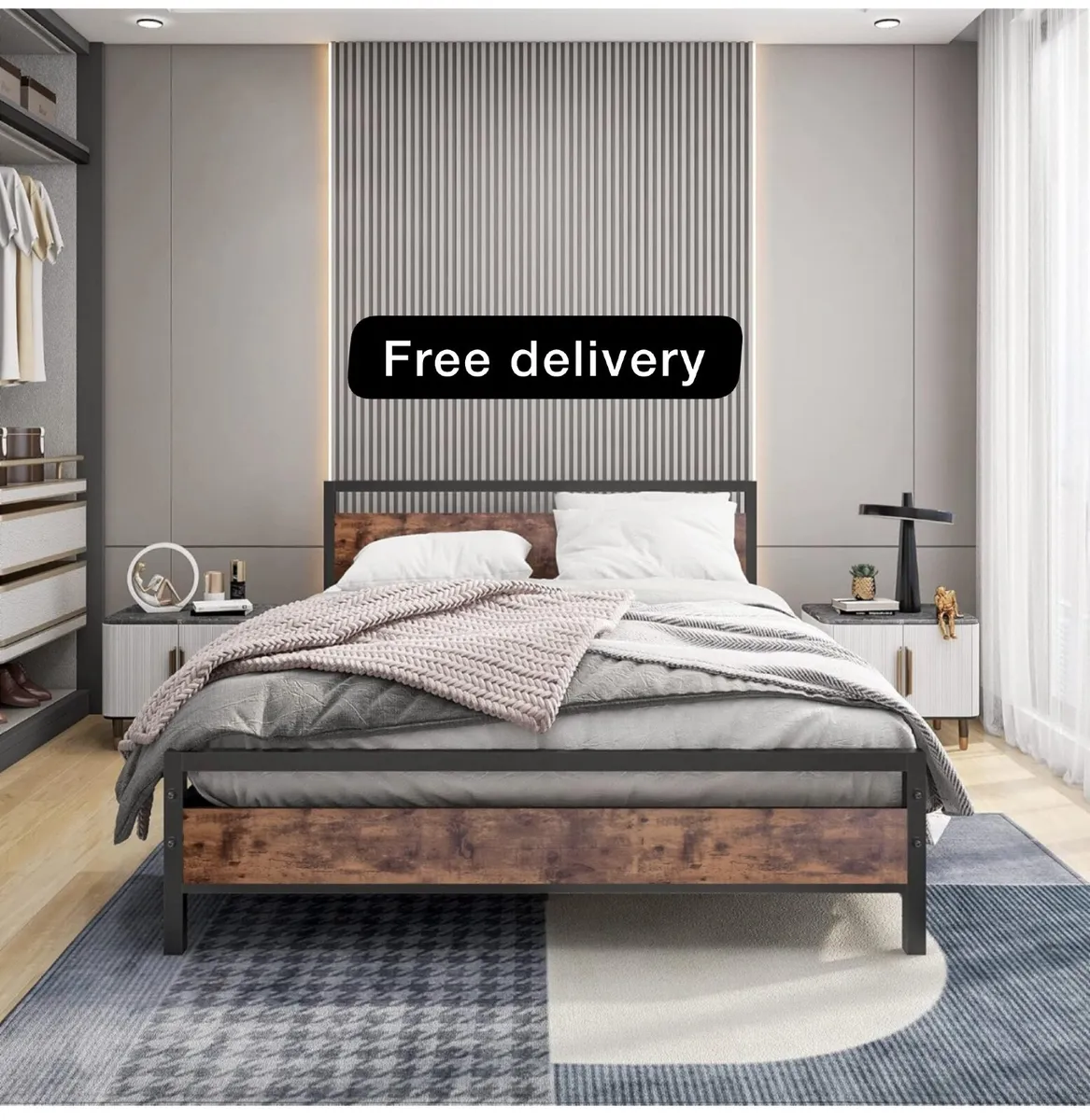 King Size Bed Frame with Wood Headboard,Heavy Duty - Image 1