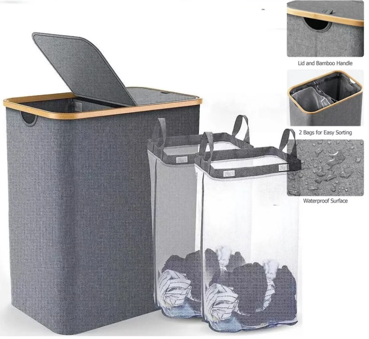 145L Large Laundry Basket Foldable 2 Compartment - Image 1