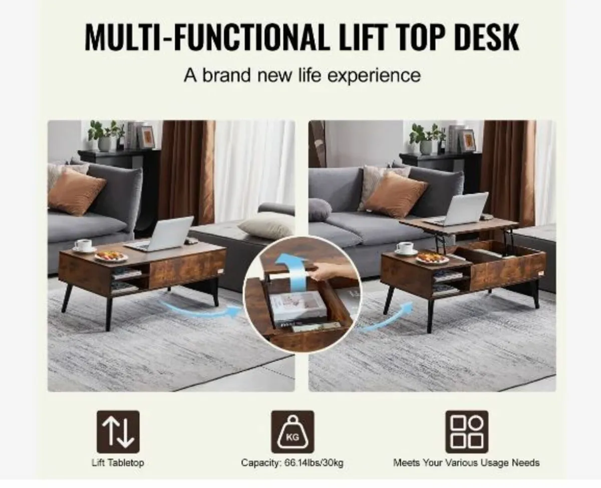 Lift Top Coffee Table, 39.4 in Rectangle - Image 2