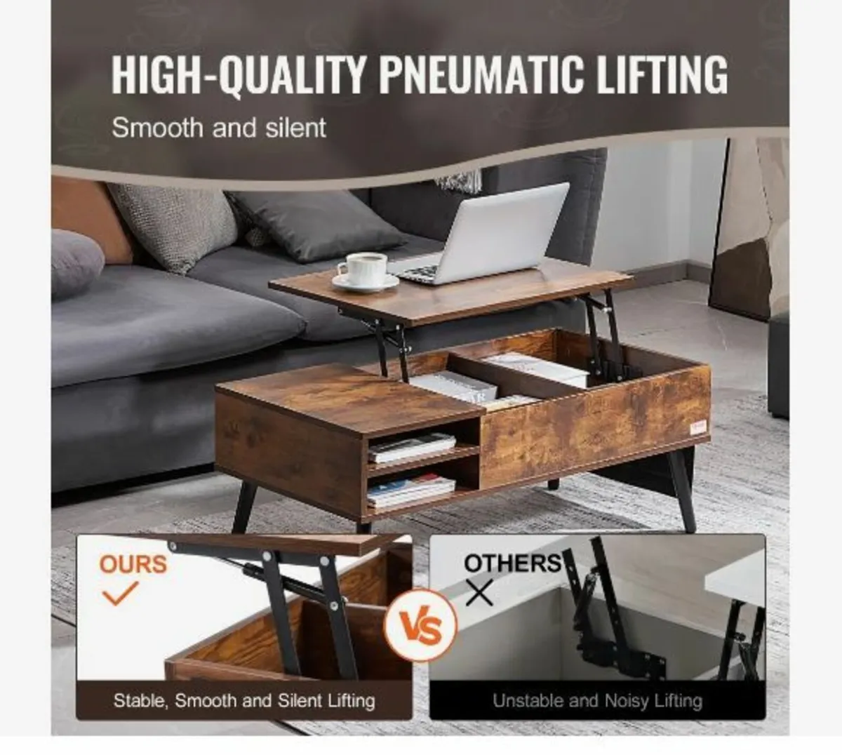 Lift Top Coffee Table, 39.4 in Rectangle - Image 4