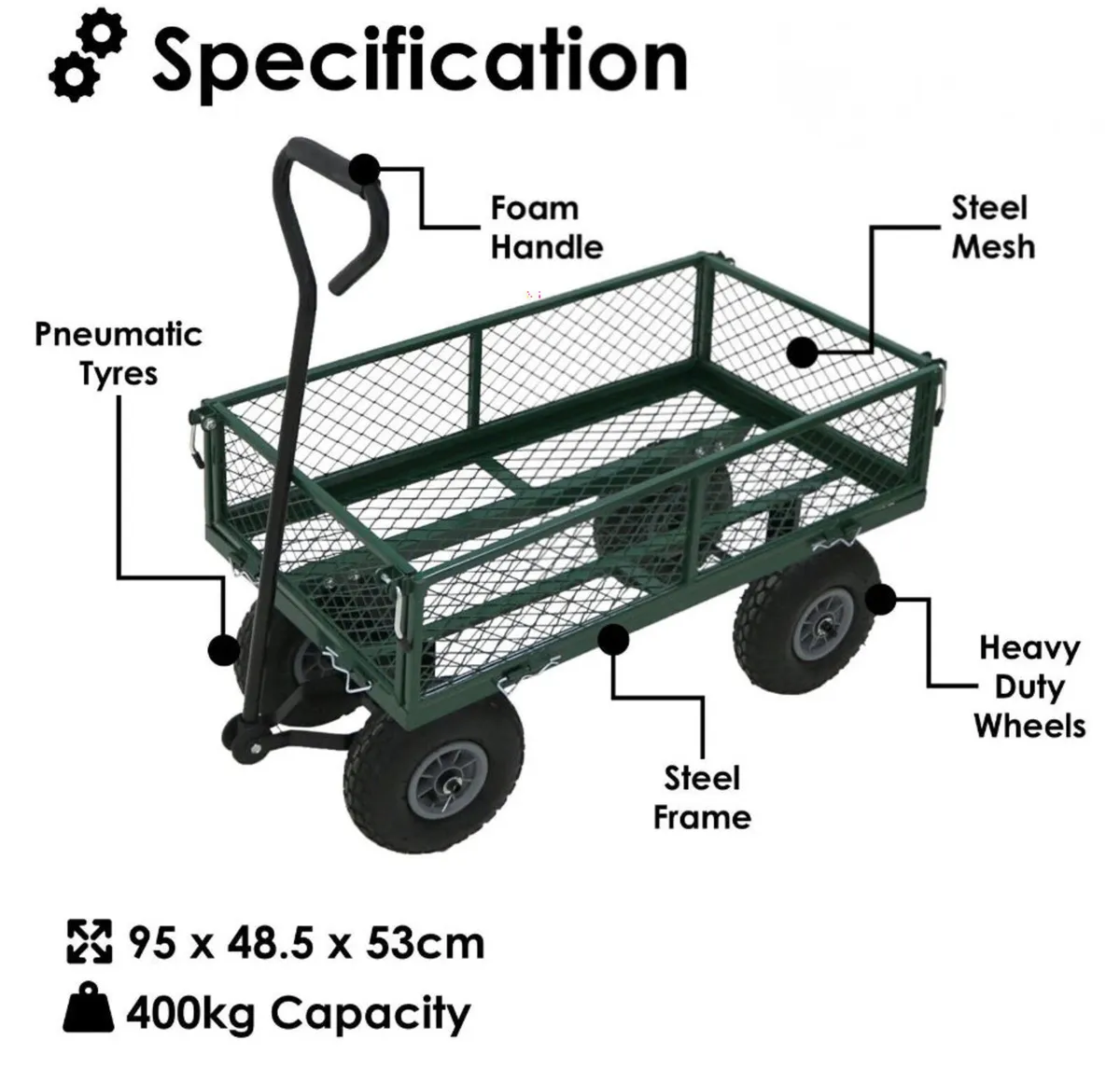 Heavy Duty Metal Green Garden Cart Trolley - Image 2