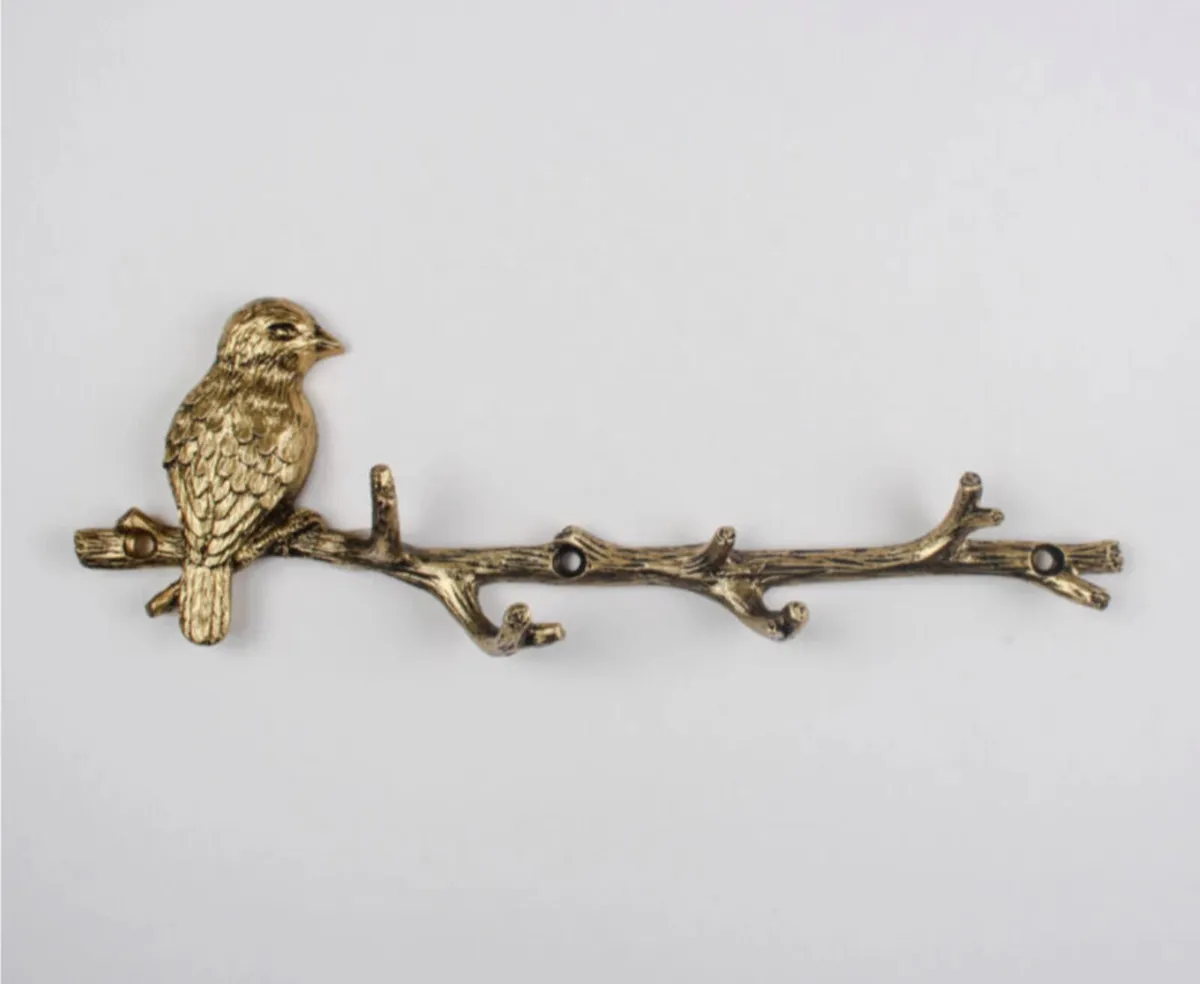 Gold Metal Bird on Branch 6 Hooks Coat Key Hanger - Image 1