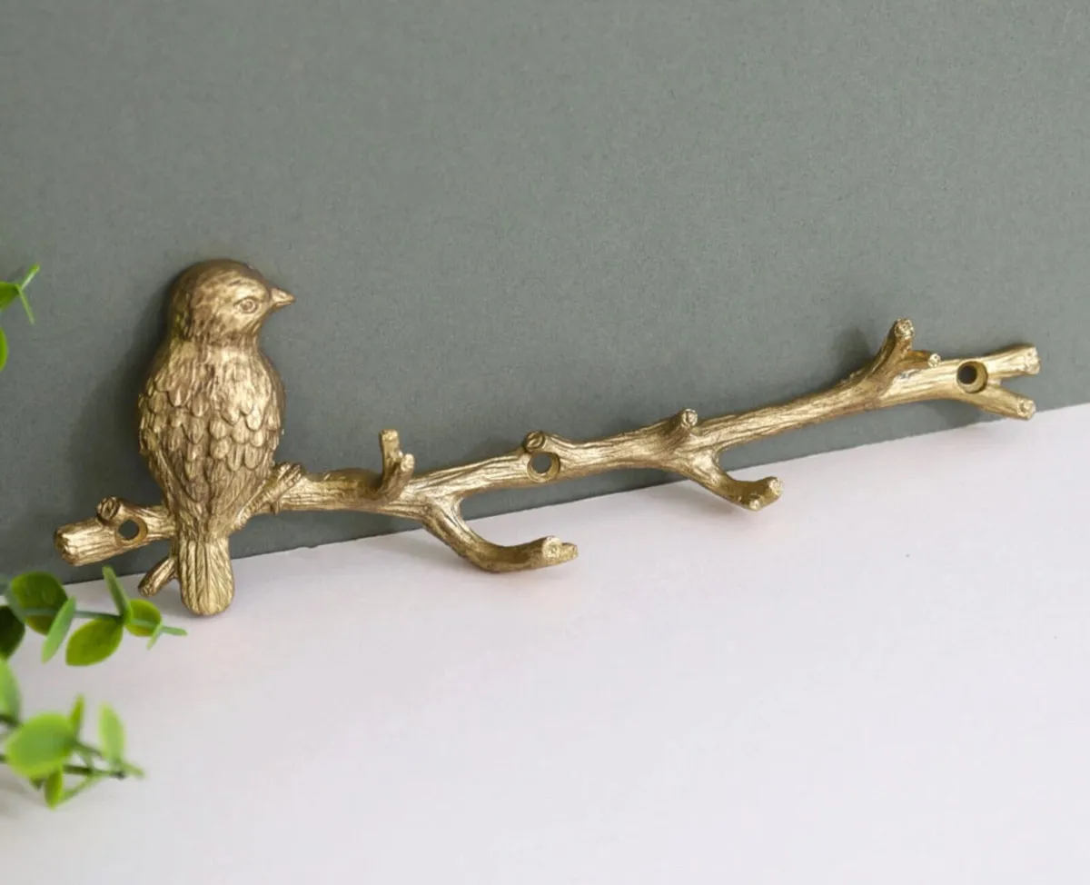 Gold Metal Bird on Branch 6 Hooks Coat Key Hanger - Image 2