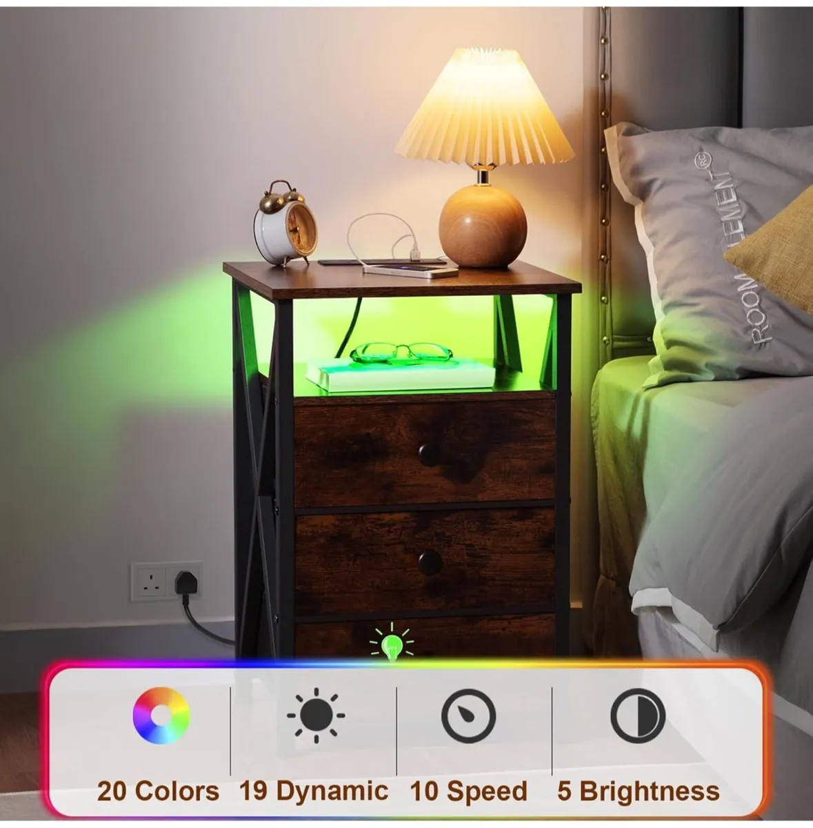 Bedside Table Set of 2 with Charging Station, Side - Image 4