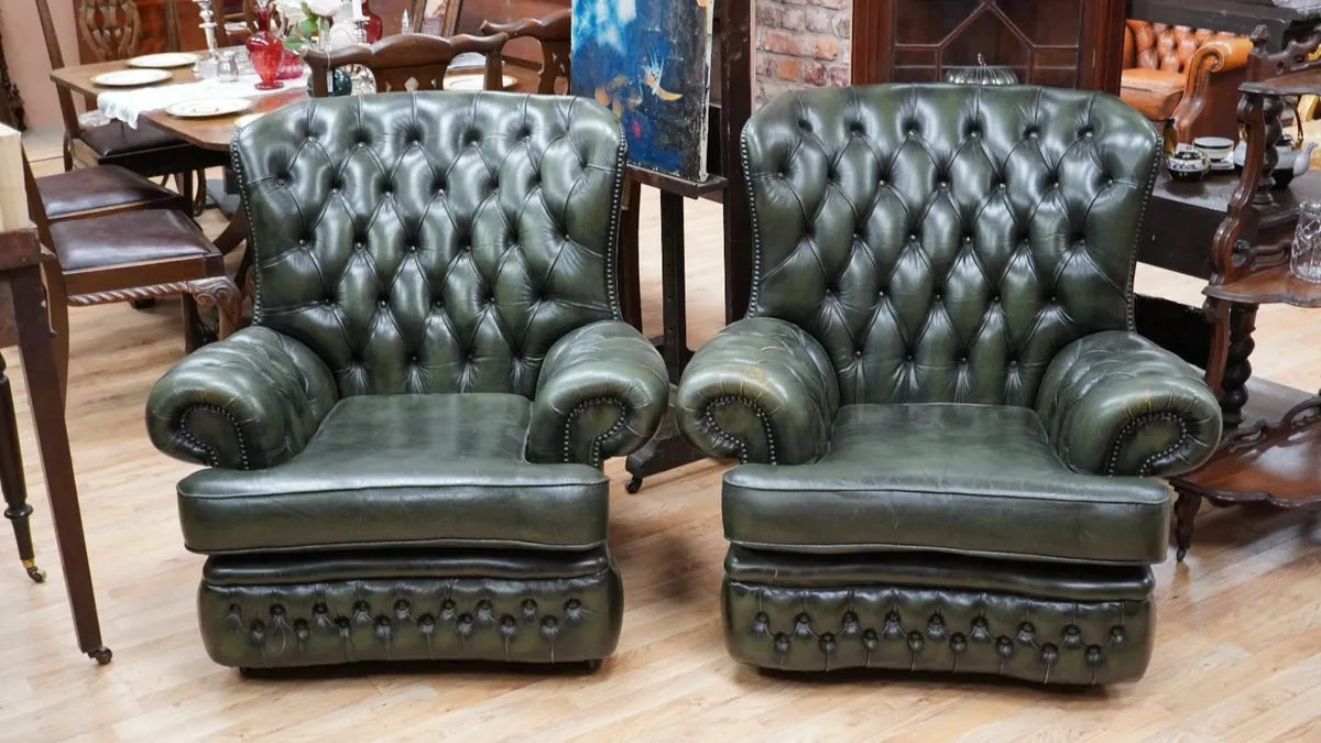Pair of Green Leather Chesterfield Club Armchairs - Image 1