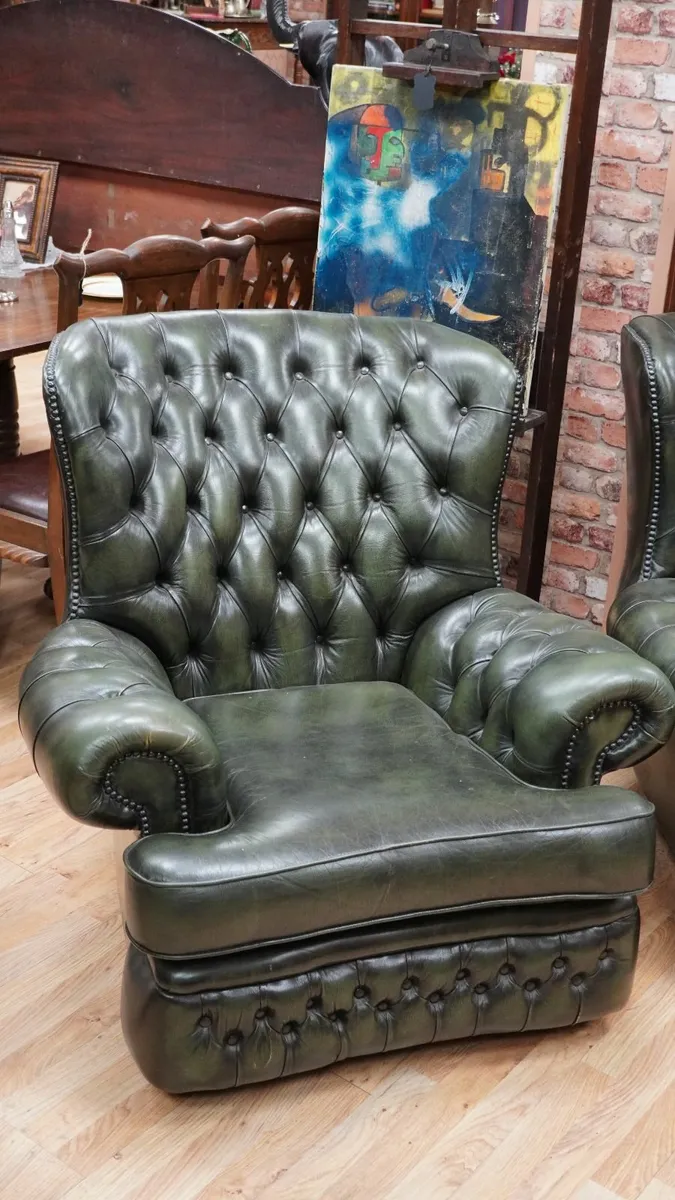 Pair of Green Leather Chesterfield Club Armchairs - Image 2