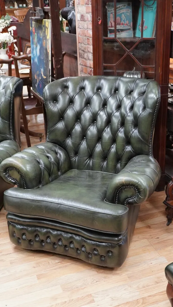 Pair of Green Leather Chesterfield Club Armchairs - Image 3