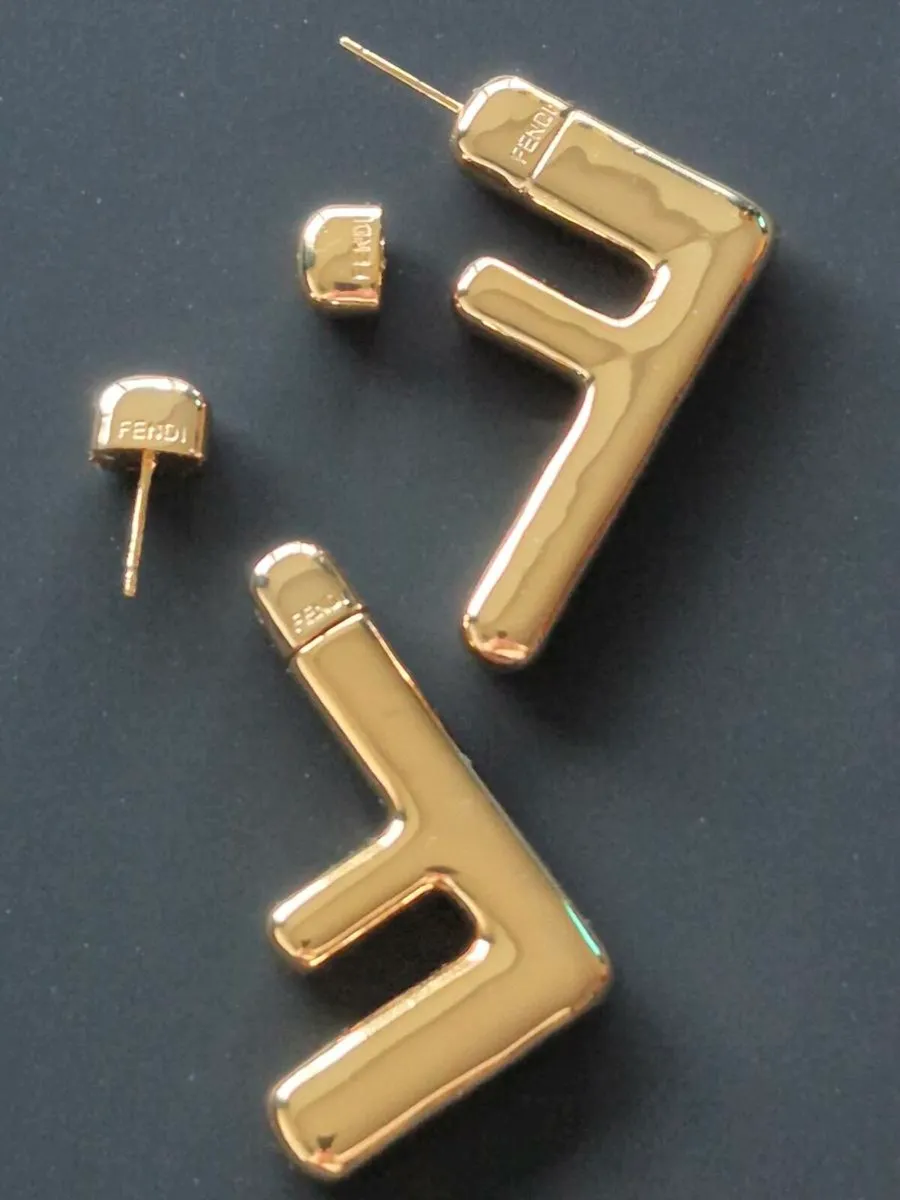 "FENDI" Signature "F" Earrings - Gold Plated - Image 2