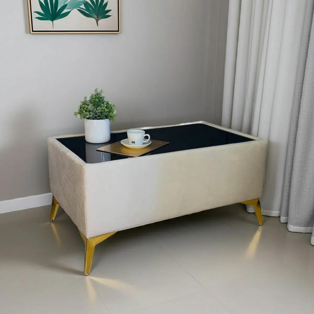 Velvet coffee table with glass - Image 1