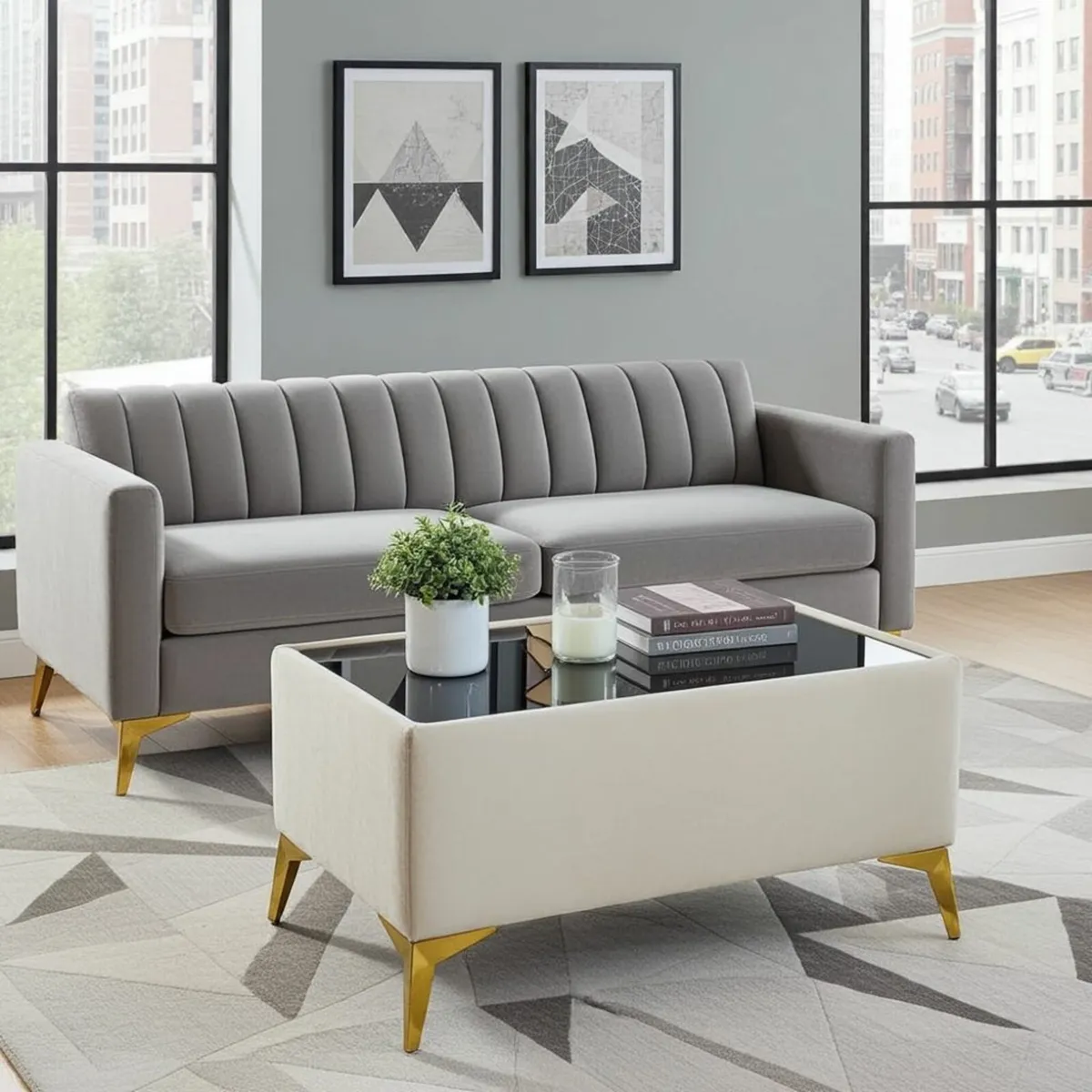 Velvet coffee table with glass - Image 3