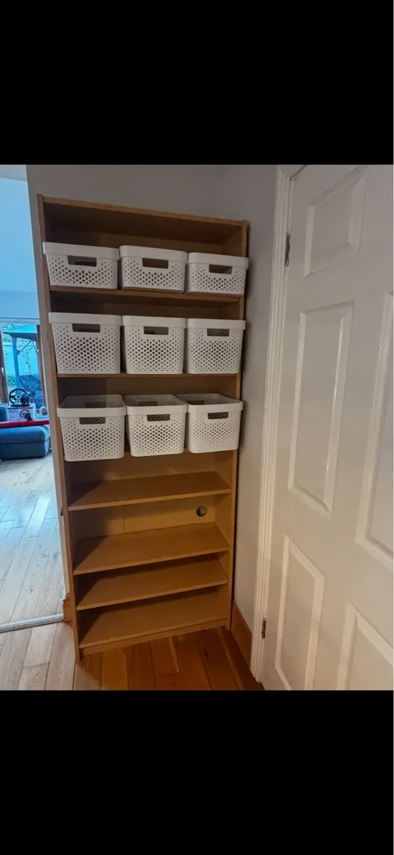 Shelving unit and storage tubs x 9 - Image 1
