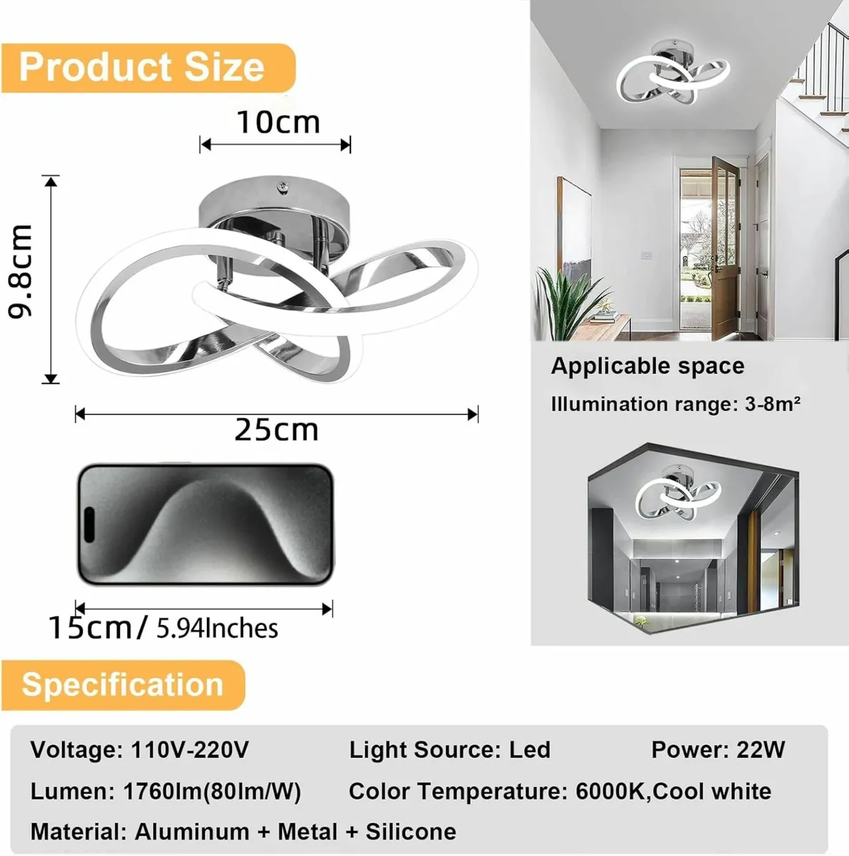 Modern Chrome Ceiling Lights LED, 25cm Silver - Image 3