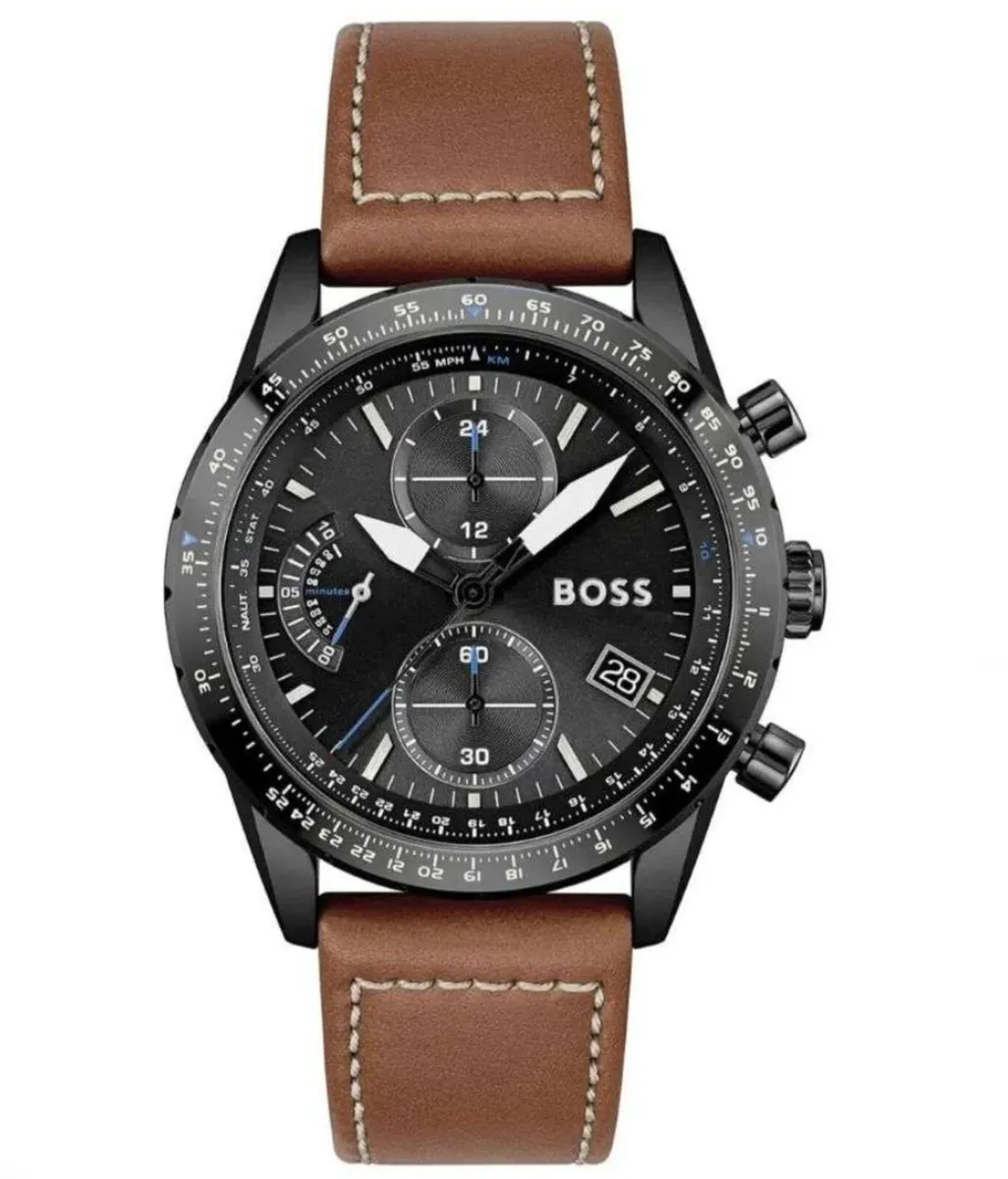 Hugo boss chronograph watch brown leather strap - Image 1