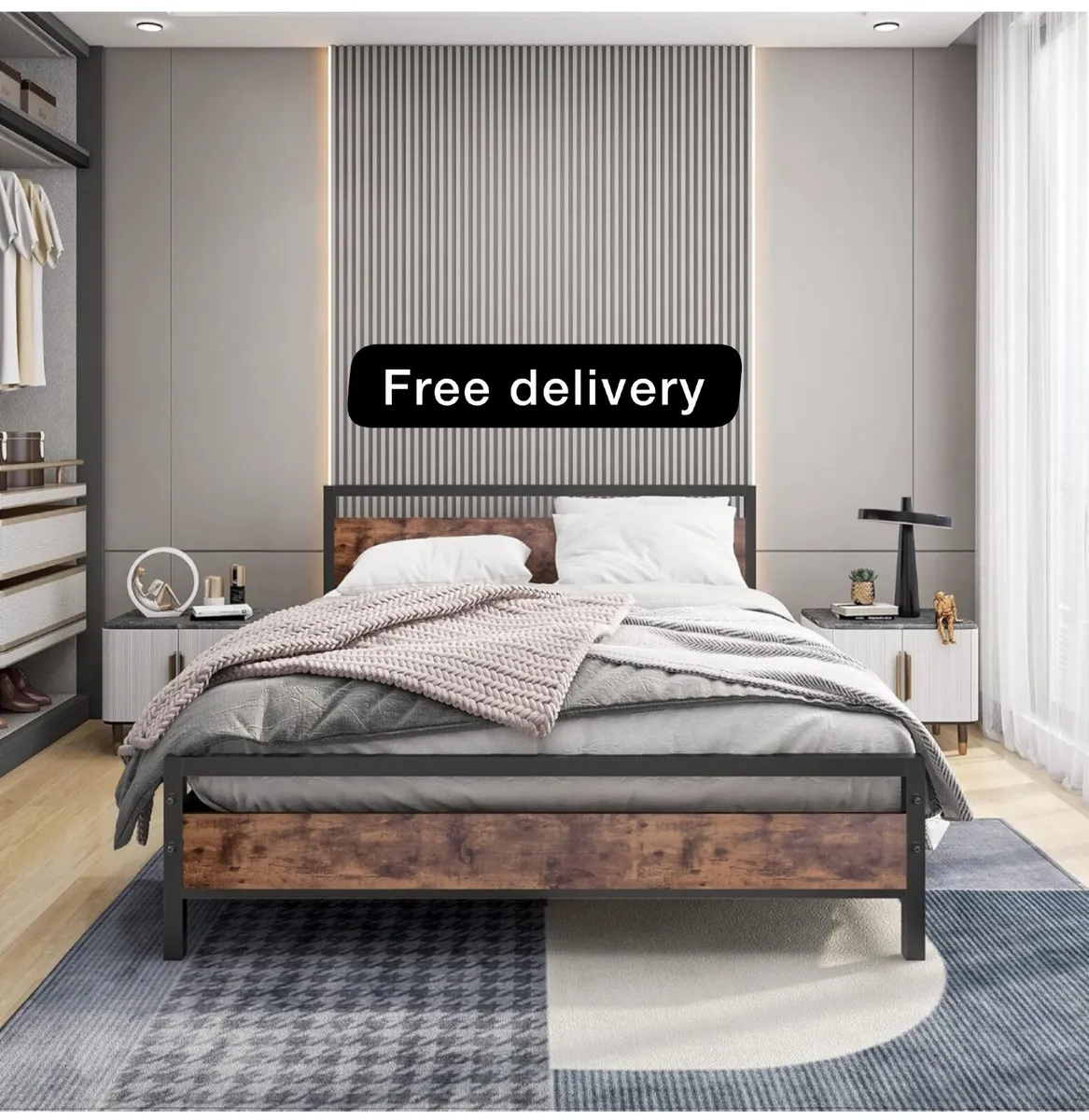 King Size Bed Frame with Wood Headboard - Image 1