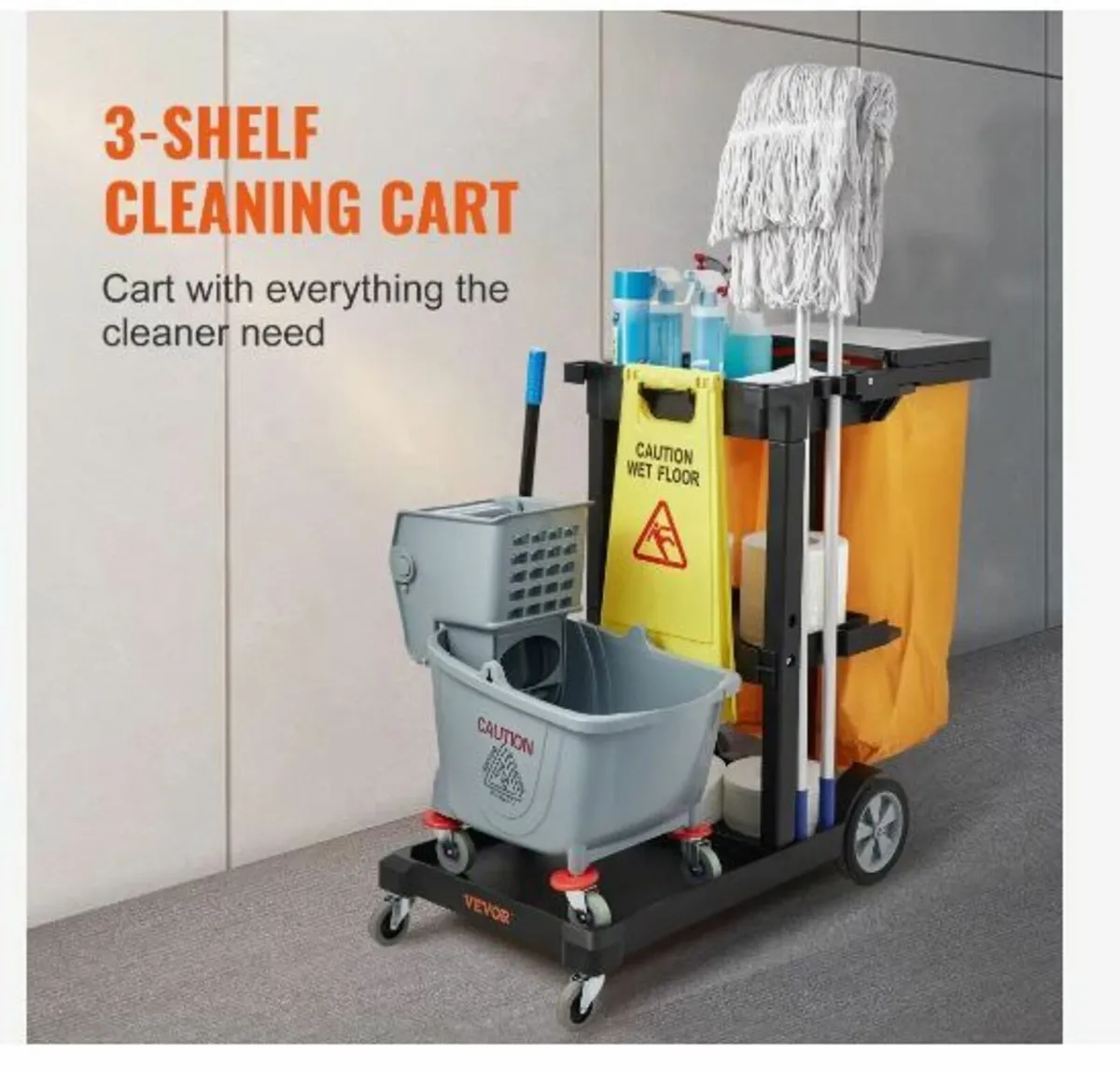 Cleaning Cart, 3-Shelf Commercial Janitorial Cart - Image 3