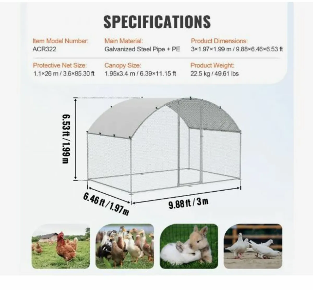 Chicken Coop, 3x1.97x1.99 m Walk-in Large Metal - Image 4