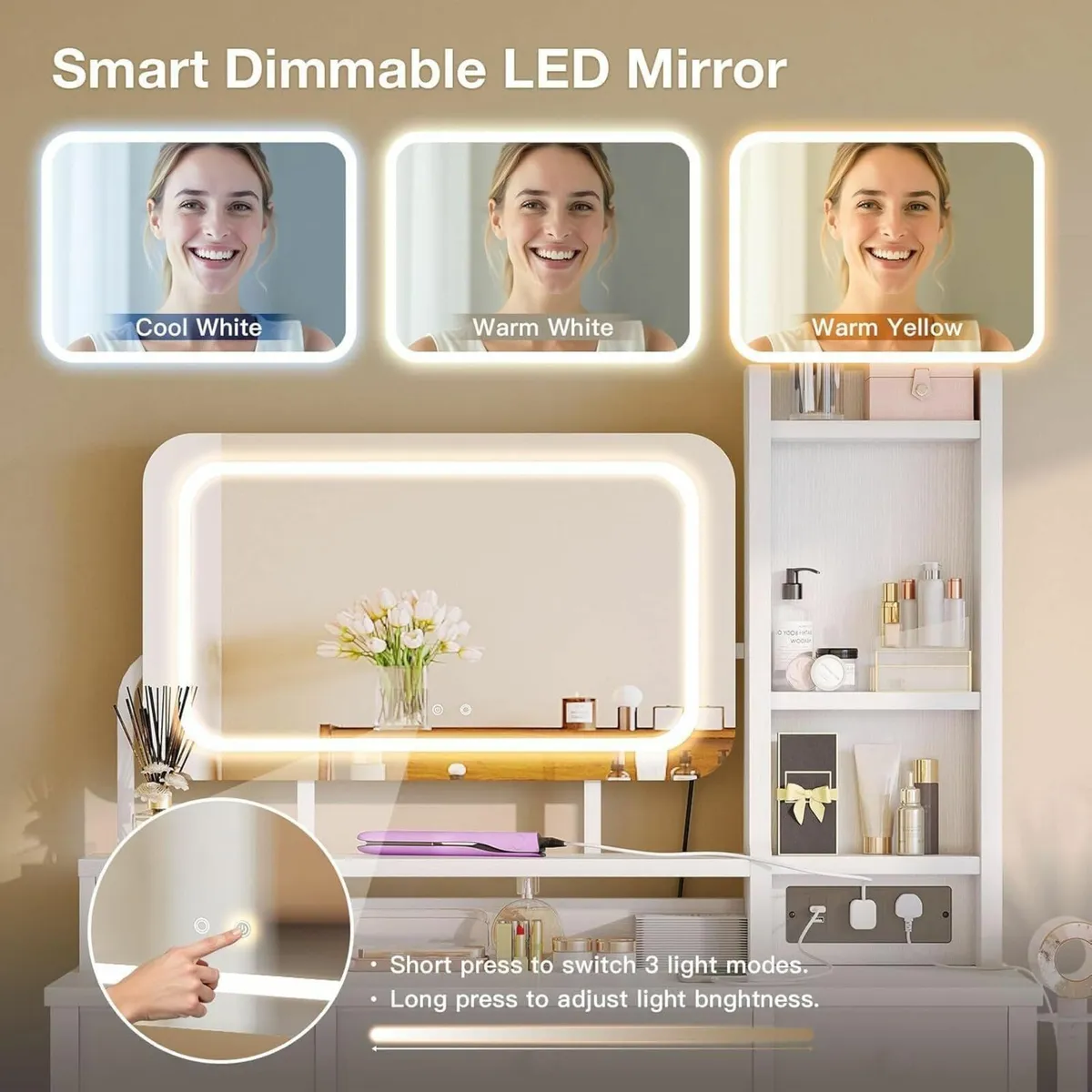 Dressing Table Large LED Mirror, 3 Lighting Modes - Image 4