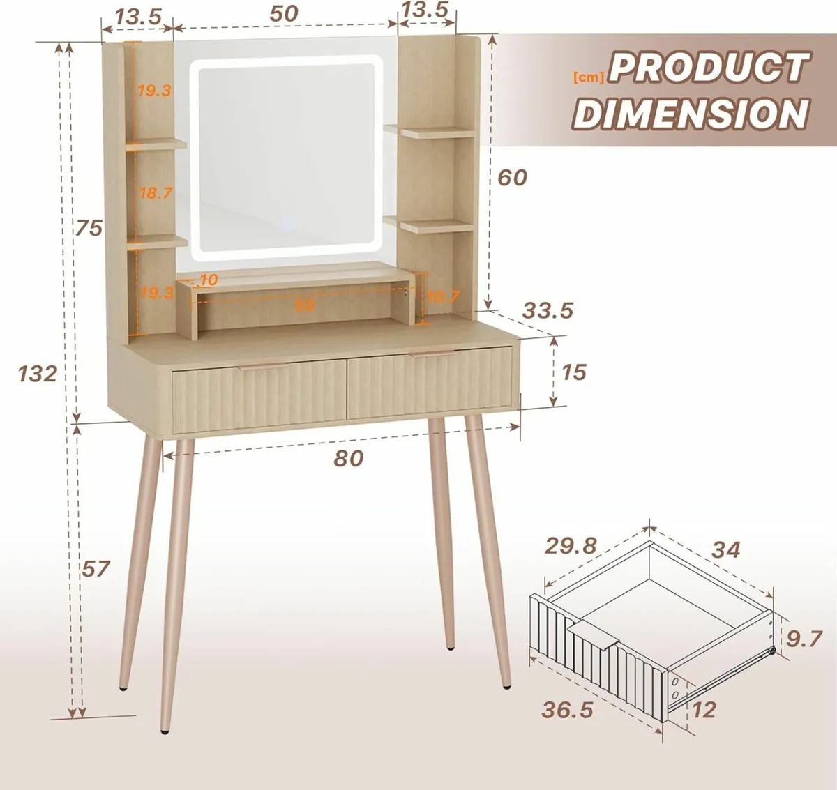 Dressing Table Mirror and Lights, 3 Color Modes - Image 2