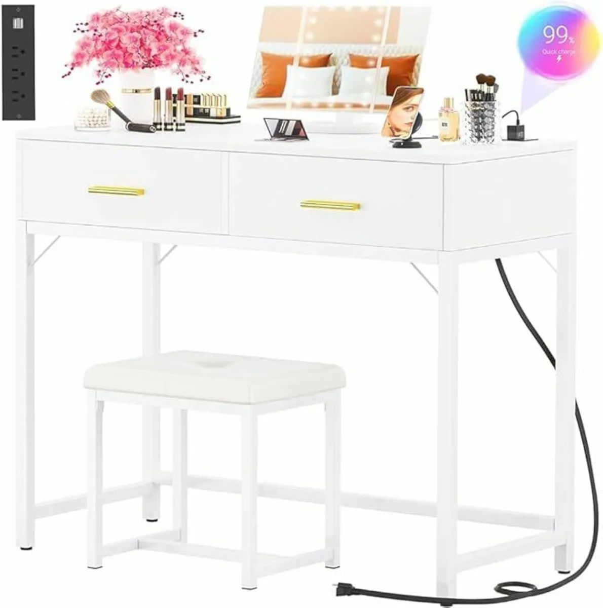 Vanity Desk Mirror Drawers Stool Dressing Table - Image 2